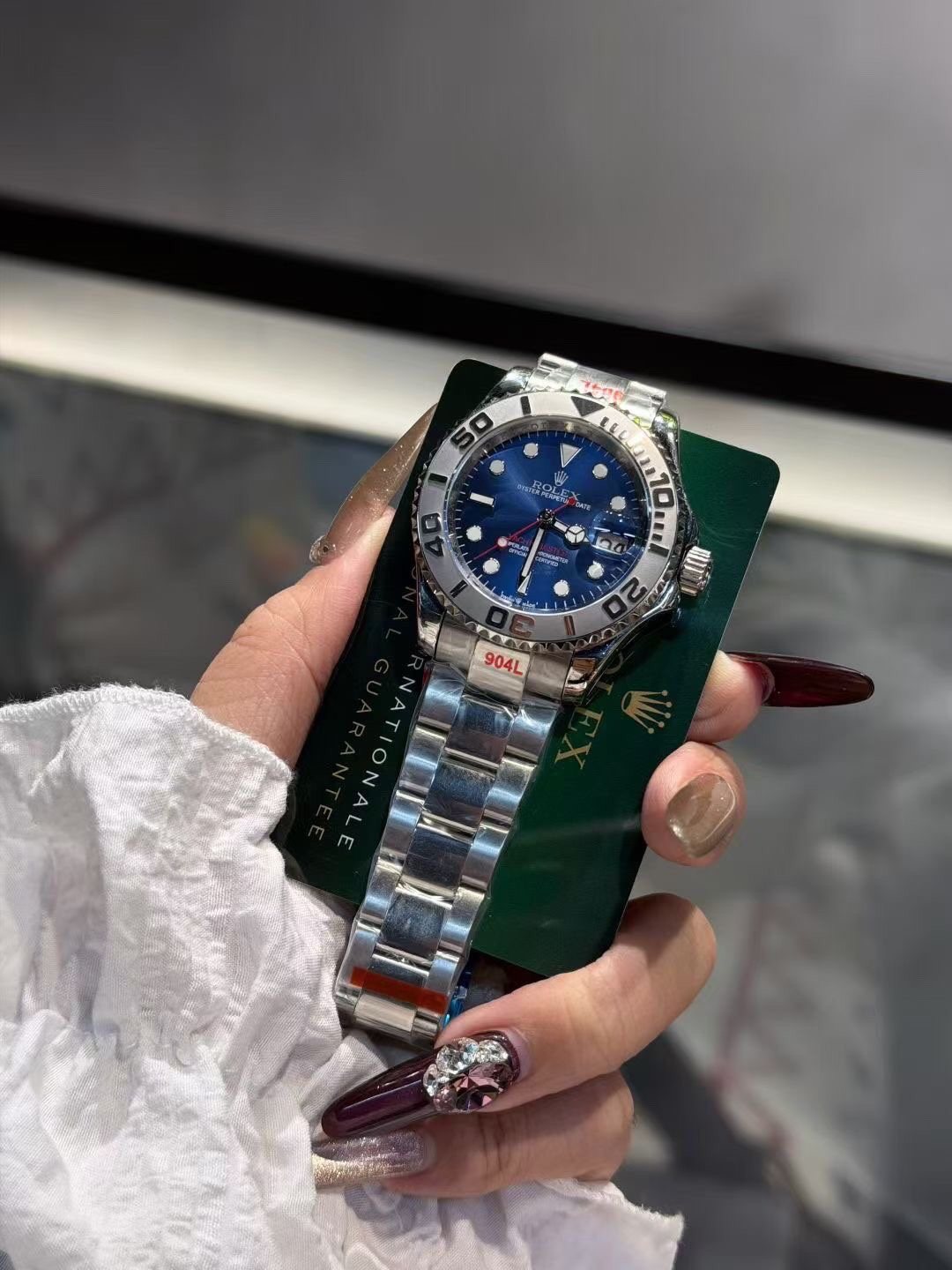 Rolex Blue Dial Metal Bracelet Watch — front